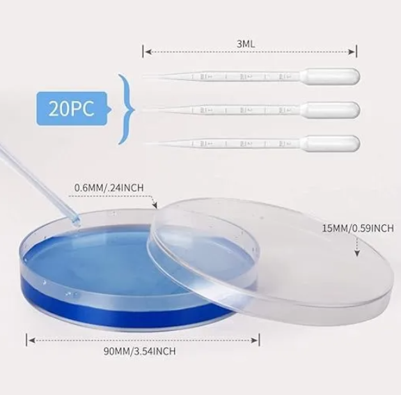 Placa Petri De Plástico 100x15 Mm Y Pipetas 3ml. Pack 20 Un.